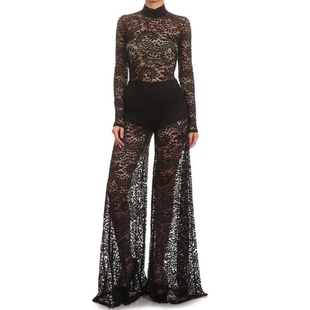 Black Crochet Lace Wide Leg Jumpsuit Pantsuit Outfit Dance Clubwear